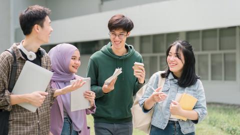 International students talking and walking together