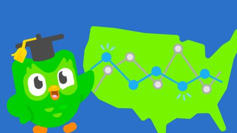 Duolingo owl points at a map of the US