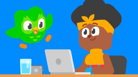 Cartoon student setting up for the Duolingo English Test