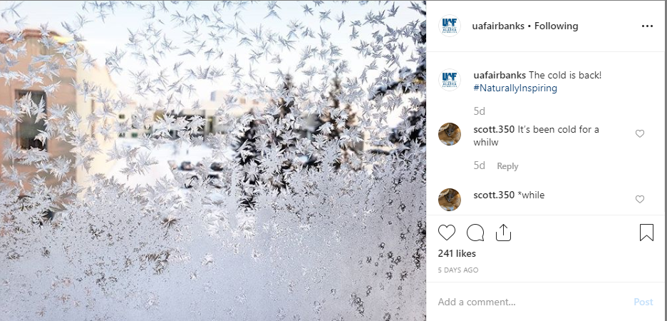 Festive ice crystals form on glass at the University of Fairbanks